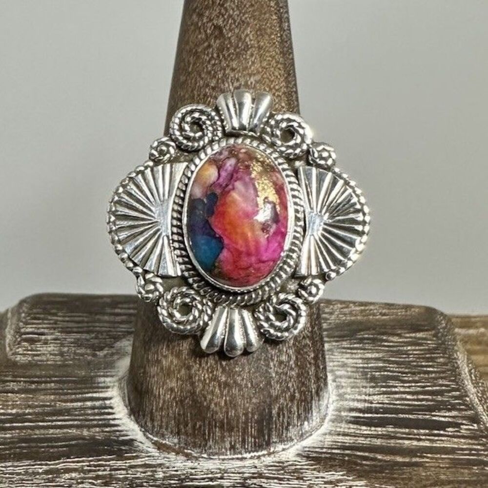 Native Southwest Style Sterling Silver Pink Dahlia Ornate Fan Edge Ring Sz 9